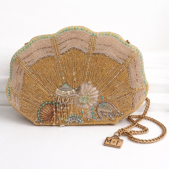 Mary Frances Handbags - 🌊 Mary Frances Beaded Seashell Clutch Crossbody – Gold & Aqua